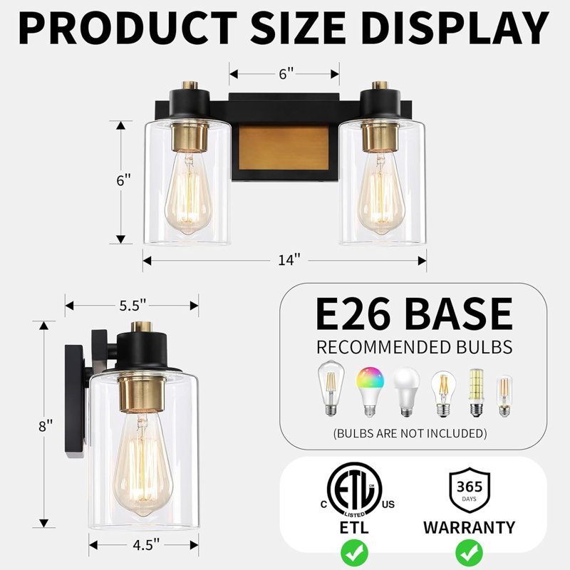 14" Large Vanity Light Fixture With Clear Glass Shade - 2 Light Black And Gold Wall Sconce For Bathroom Mirror, Farmhouse Lighting For Living Room, Hallway, Dressing Area