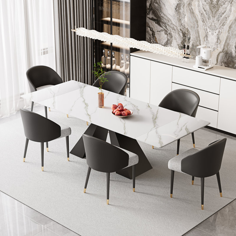 94.5”  Extendable Dining Table Set With Rectangular Sintered Stone Top And 6 Faux Leather Chairs, Black/Gray