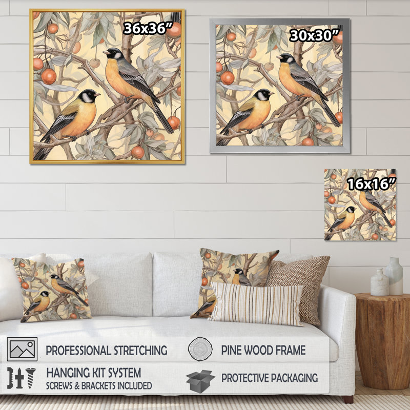 Orange orange, oiseaux noirs sur arbres IV, reproduction sur toile, Cadre simple blanc, H 30 po x l 30 po x P 1 po