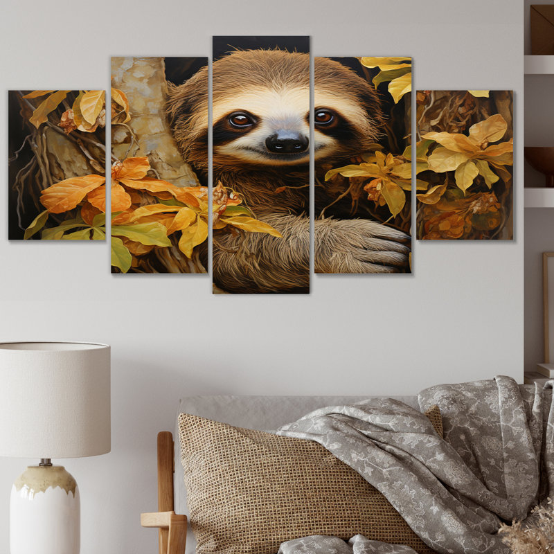 Paresseux sur branche Serenity II - décoration murale animaux - 5 panneaux