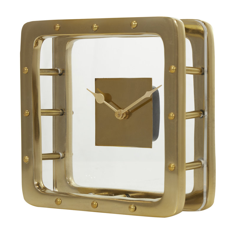 Modern & Contemporary Analog Metal Quartz Movement / Crystal Tabletop Clock, Gold, 8.05" H x 7.95" W x 3.4" D