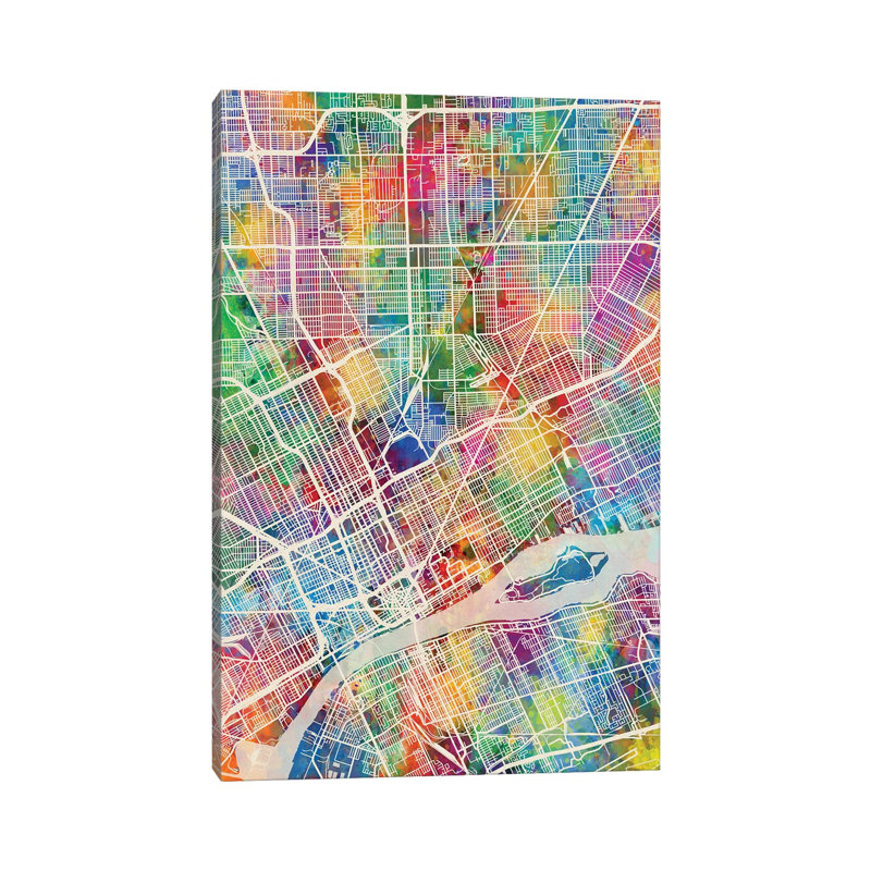 Detroit Michigan City Map I by Michael Tompsett - 1 Piece Wrapped Canvas Wall Art, 152.5 cm H x 101.5 cm W