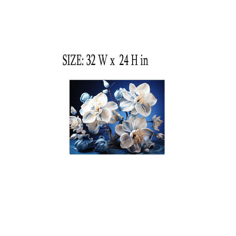 «Serene Petals of White and Blue Orchids», impression sur toile, art mural de qualité supérieure pour le salon, 24 x 32 po