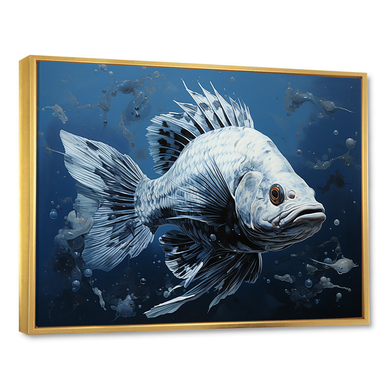 Poisson dans le bleu profond II - art mural poisson, H 30 po x l 40 po x P 1,5 po, Cadre flottant doré