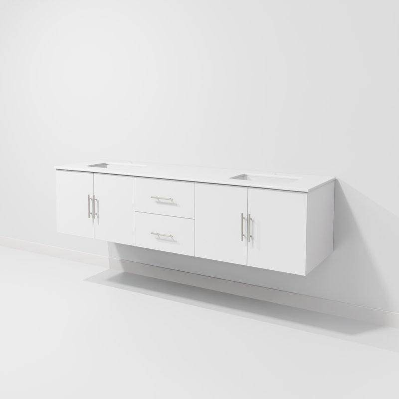 Ensemble de meuble-lavabo double mural 72 "Geneva, Blanc lustré, Quartz blanc