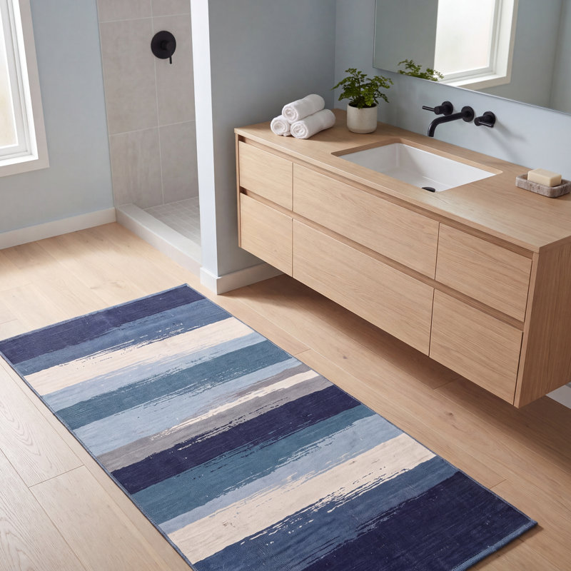 Tapis Juniper moderne à rayures effet pinceau, bleu marine, turquoise, gris, crème et rose, lavable à la machine, antidérapant, à poils courts, pour l'intérieur et l'extérieur, adapté aux animaux domestiques, idéal pour le salon, la chambre, la salle à manger, l'entrée, le couloir ou le bureau.
