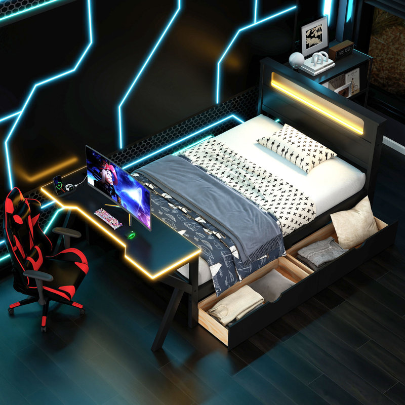 Twin Size Wooden Gaming Platform Bed with LED Headboard, LED Desk, USB and Two Storage Drawers, Black