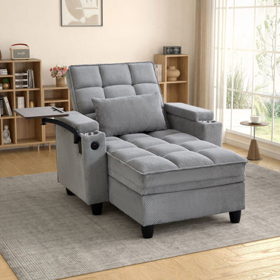41.5'' Convertible Chair Single Sleeper with USB&Type-C, 2 Cup Holders, Side Table, Under-seat Storage&Storage Armrests