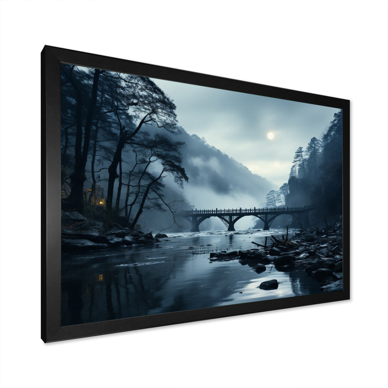 Blue Bridge In Silence II - Architecture Wall Art Living Room, H 24 po x l 32 po x P 1 po, Cadre photo noir