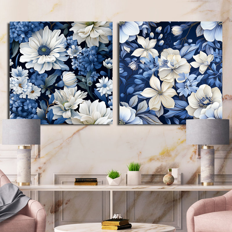 Ensemble de 2 collages floraux bleus et blancs à motif floral IV, Toile tendue, H 16 po x l 33 po