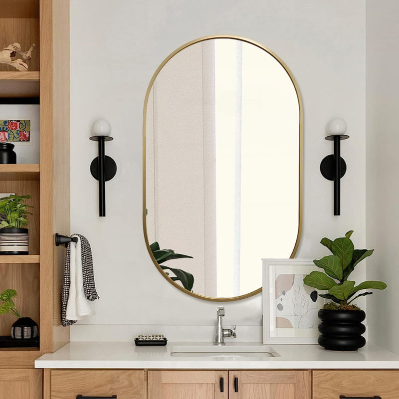 Miroir ovale en métal, Doré, 33 po x 20 po