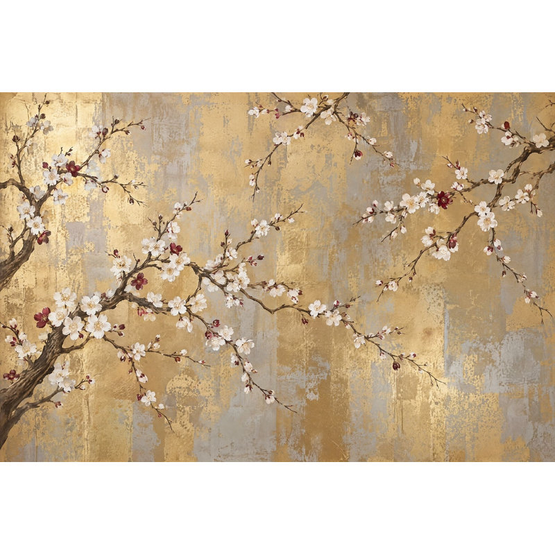Papier peint mural à motif de branches de cerisier en fleurs et de feuilles d'or, 120"x96", Textured Non-Pasted