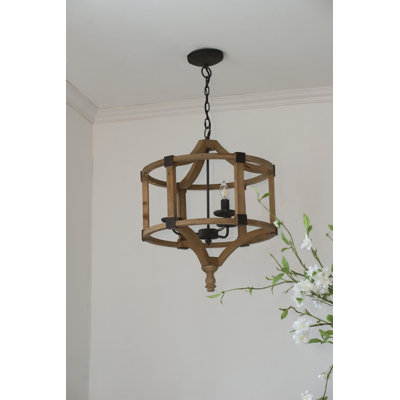 Lustre tambour en bois à 3 lumières, luminaire suspendu avec chaîne réglable pour le vestibule de la salle à manger de la cuisine, ampoule non incluse