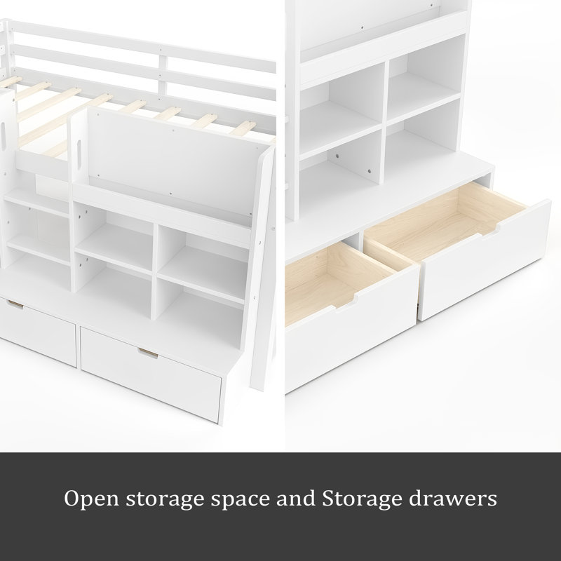 Lit mezzanine avec tablettes et rangements multiples, Lit simple, Blanc