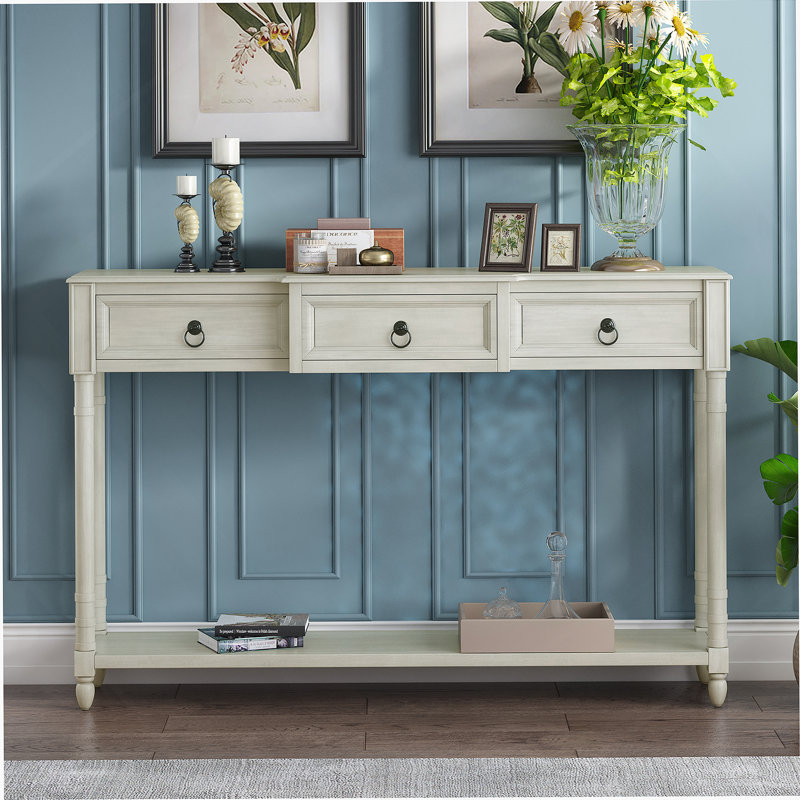 Console Table Sofa Table with Drawers for Entryway with Projecting Drawers, Antique White