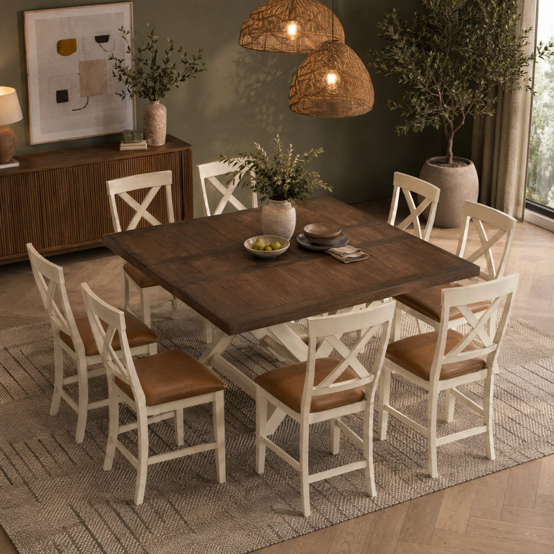 Ensemble de table de salle à manger extensible à hauteur de comptoir 9 pièces Kingston avec chaises en X rembourrées