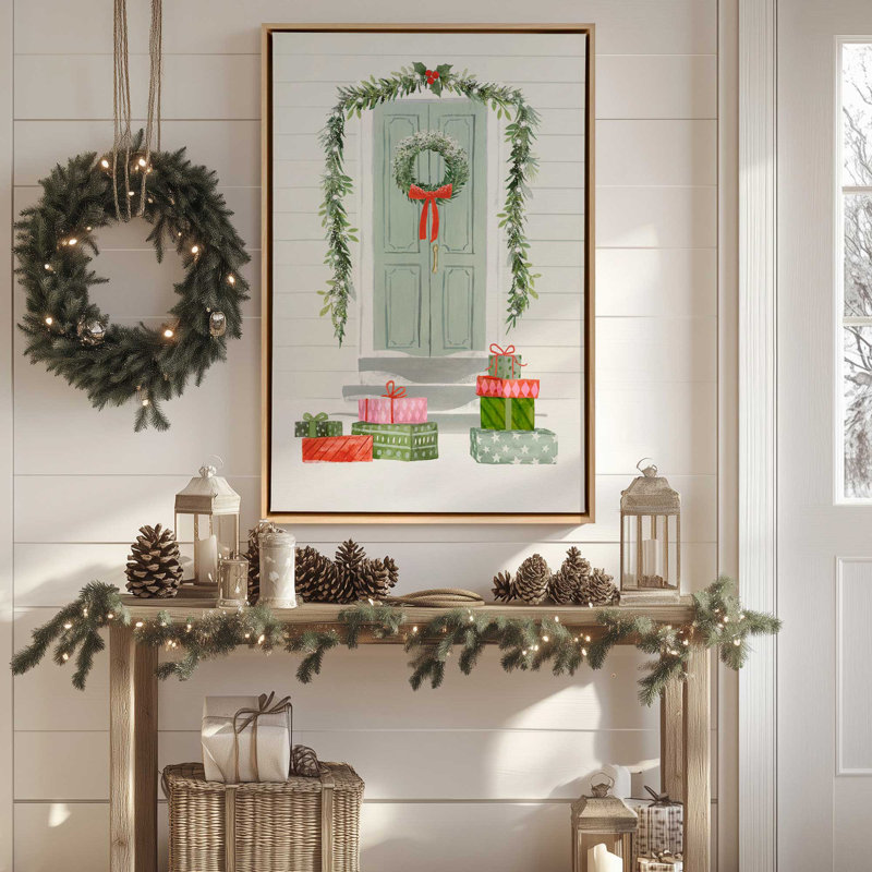Charmante porte de Noël, reproduction sur toile, Cadre flottant noir, H 12,75 po x l 8,75 po