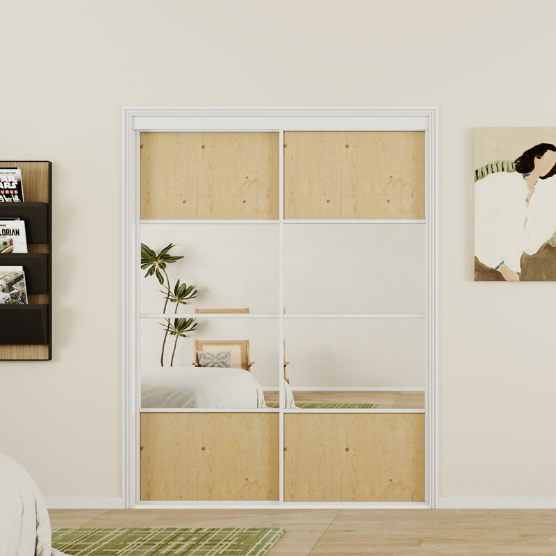 Portes CHIC MODE 48 po x 80 po, porte coulissante en MDF de pin à 4 carreaux, moitié miroir, moitié pin, avec quincaillerie