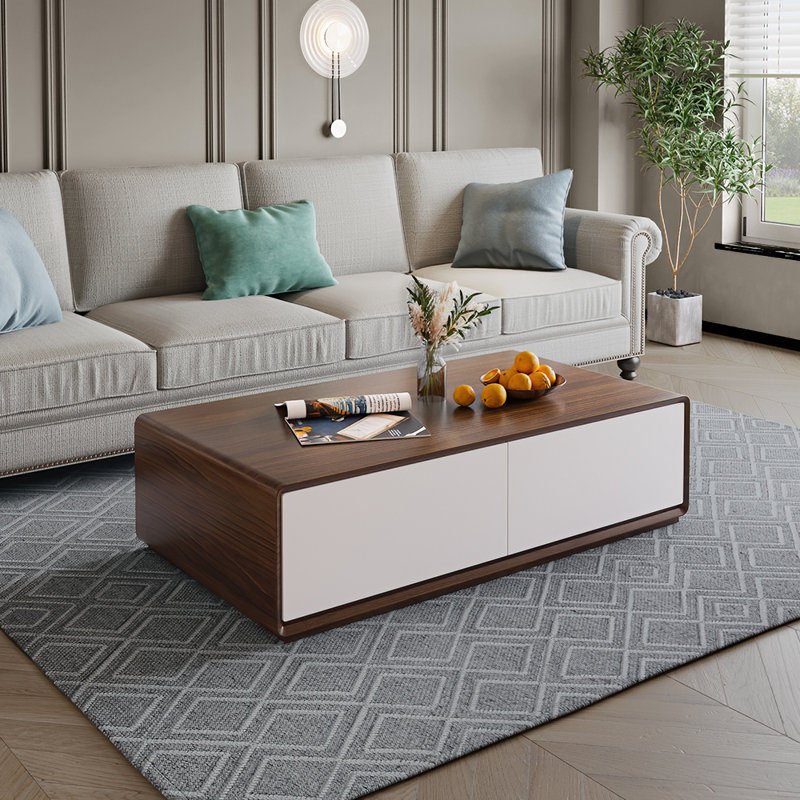 Table basse moderne moderne en bois avec rangement, 4 tiroirs en bois massif, entièrement assemblée