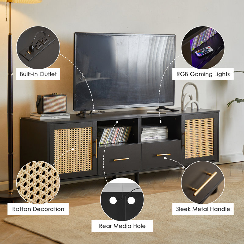 Black Wood and Rattan TV Stand with RGB Lights