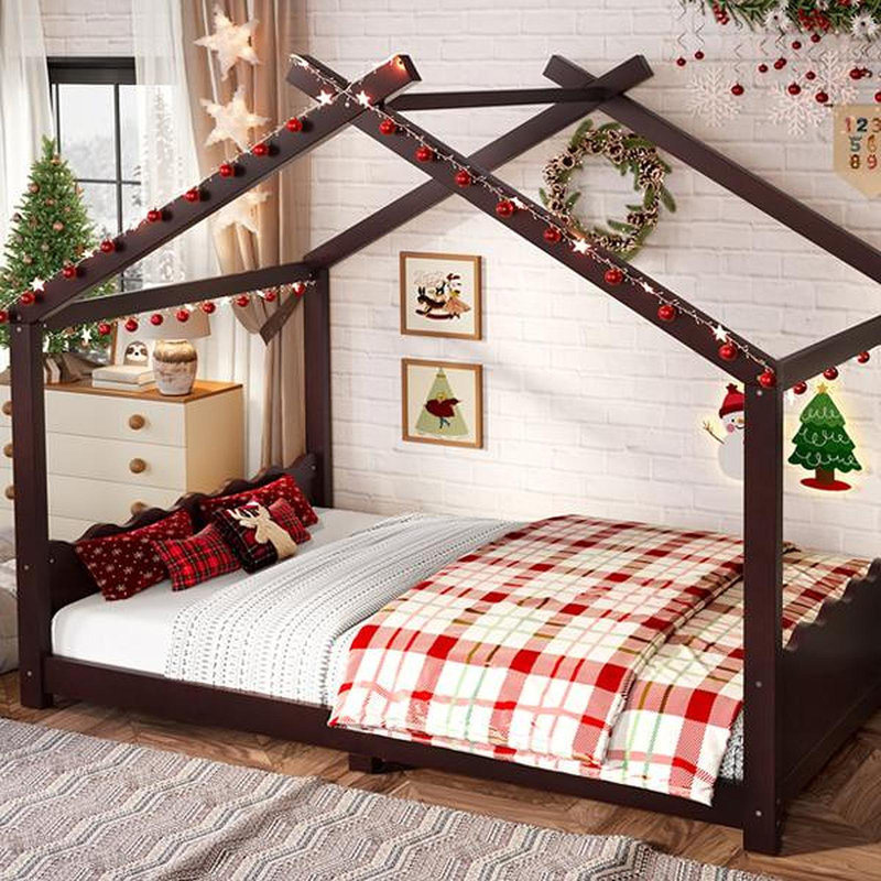 Full House Floor Bed With Support Slats, Solid Wood House Bed Frame For Kids, No Box Spring Needed And Opening Constructure, Espresso