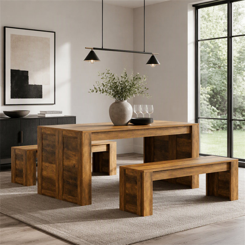 Ensemble de table de salle à manger 55 ", table de cuisine en bois pour 4 à 6 personnes avec 2 bancs, Brun rustique