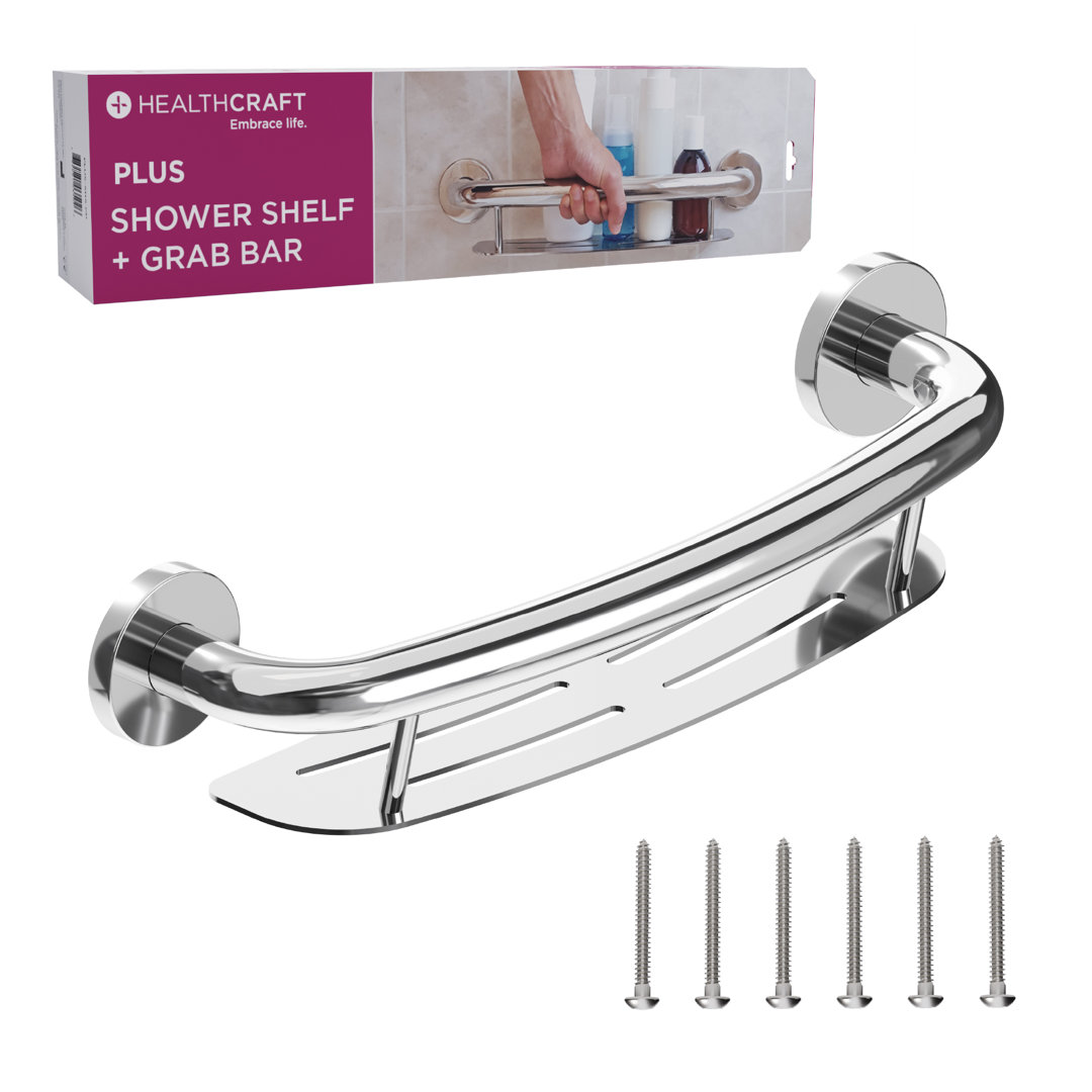 PLUS Shampoo Shelf 16" in Chrome, Decorative Grab Bar with Shelf (500 lb. Capacity) HealthCraft