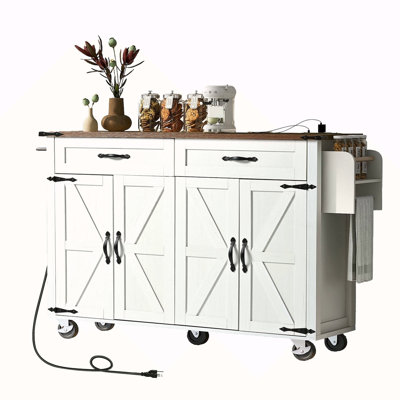 53.5''Farmhouse Kitchen Island With Power Outlet, Kitchen Storage Island With Drop Leaf, Spice Rack And Drawer, Rolling Kitchen Cart On Wheels, For Home, Kitchen And Dining Room