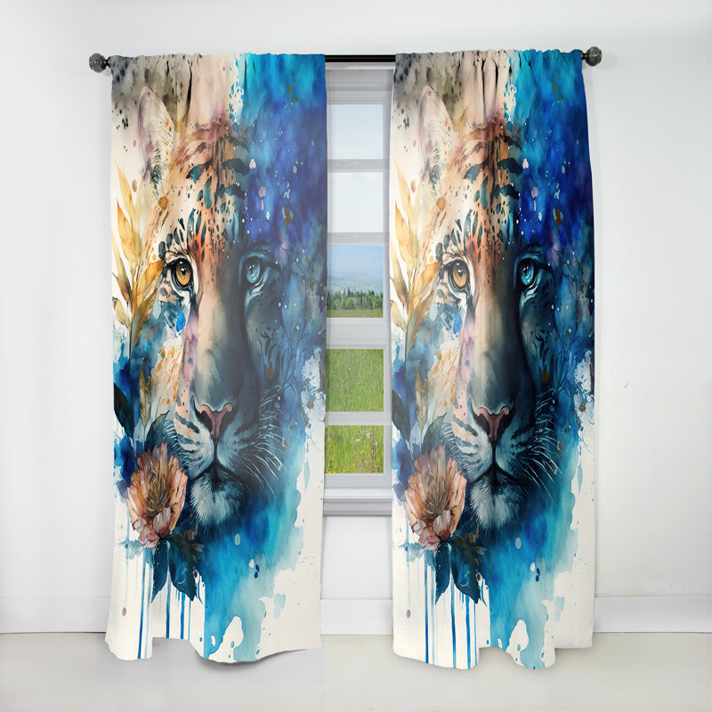 Tiger Portrait With Flowers II - Modern Velvet Curtain - Room Darkening - 1 panel, 52" W x 63" L