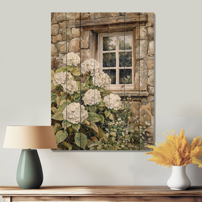 Hortensias dans un jardin de pierre II - décoration murale en bois d'hortensias - sur bois de pin naturel