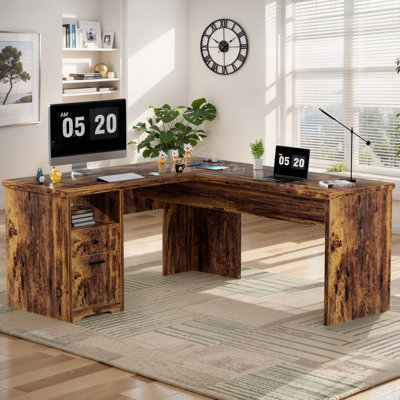 Swapan 56'' Lift Top L-Shaped Desk with Drawers and Power Outlets, Executive Desk