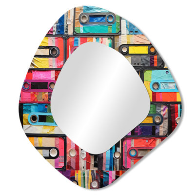 Evalyn Cassette Tapes Tape Mosaic I - Cassette Tapes Unique Shape Wall Mirror, Modern Asymmetrical Decorative Mirror, Printed Metal Art