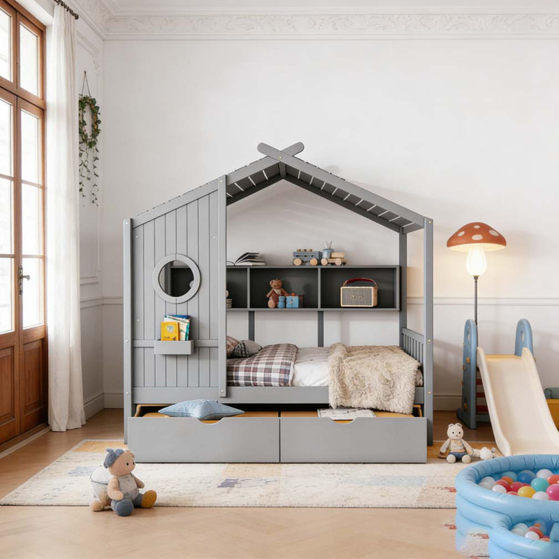 Lit double en bois avec lit gigogne, Gris, Double