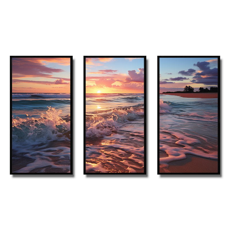 «Beachside Sunset Horizon 5 - Rose», art mural, H 28 po x l 36 po x P 1 po, Cadre flottant noir