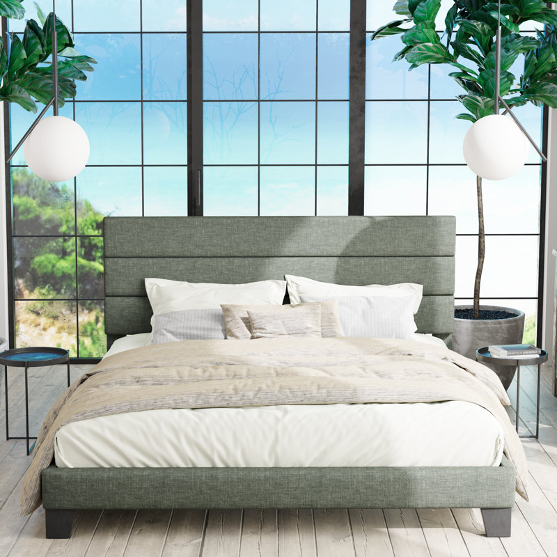 Lit plateforme Elison avec tête de lit tapissier en tissu et lattes en bois, Double, Vert