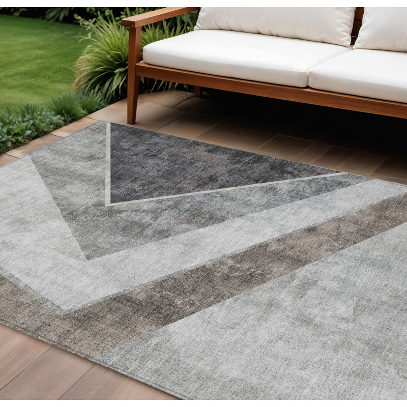Tapis extérieur lavable à motif géométrique argenté et gris anthracite 9 pi x 12 pi