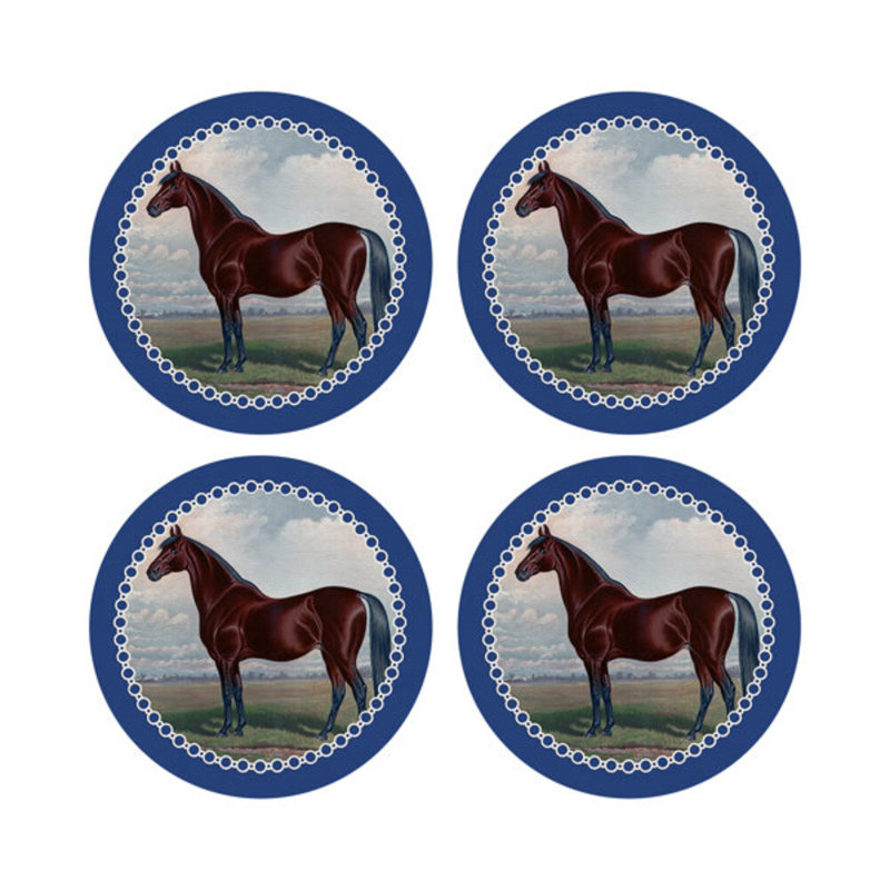 English Thoroghbred Vegan Leather Round Coasters, Blue