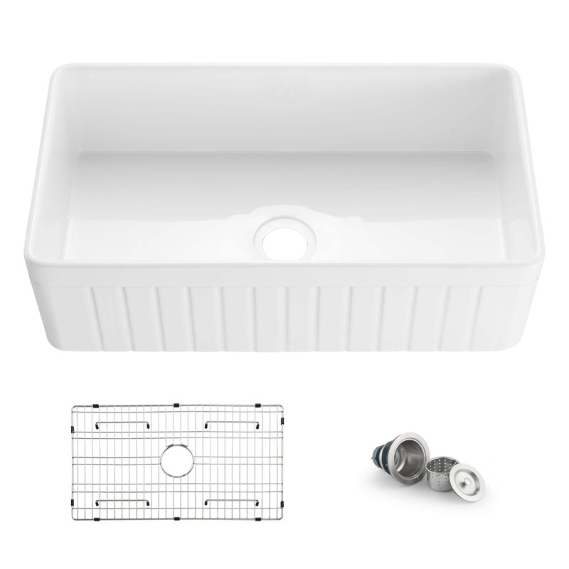 Elegant White Fireclay Farmhouse Kitchen Sink with Grid and Strainer