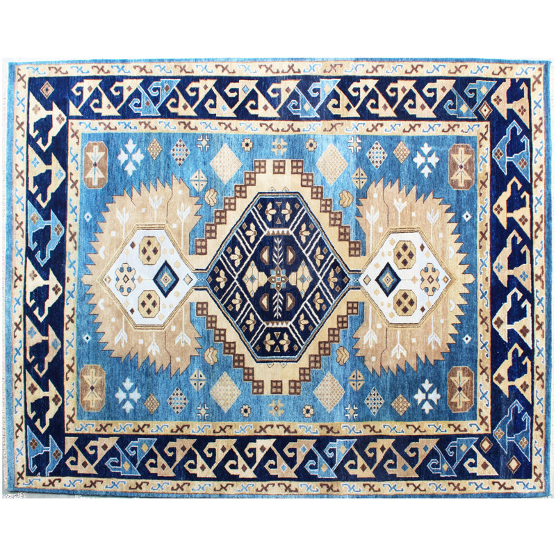 Hand Knotted Navajo Rug- Blue & Gold Southwestern Area Rug 6' x9' ft, Custom Size Wool Rug for Living Room, Scandi Decor, Tribal Kilim, Boho Floor Mat