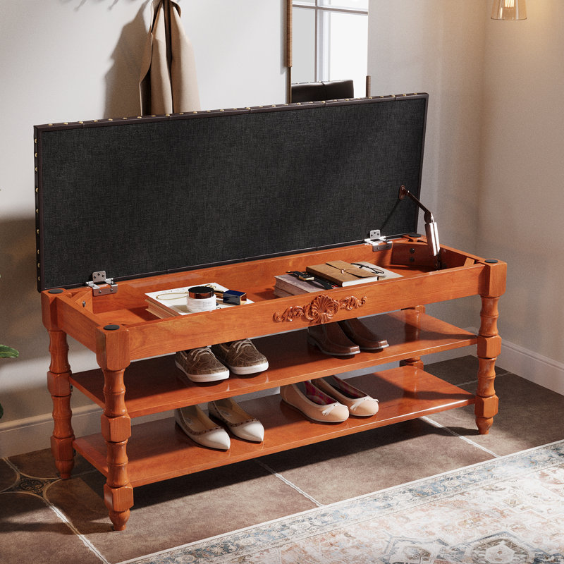 Banc de rangement en bois massif avec siège en cuir touffeté, banc à chaussures à 2 niveaux avec plateau relevable