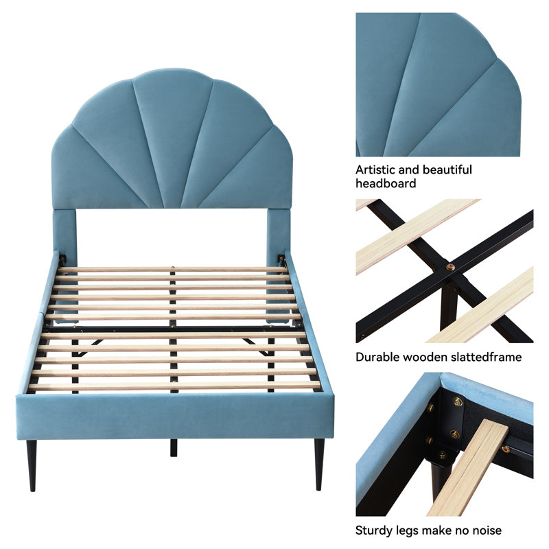 Deeb Tufted Upholstered Flower Silhouette Headboard Platform Bed, Twin, Sky Blue Velvet