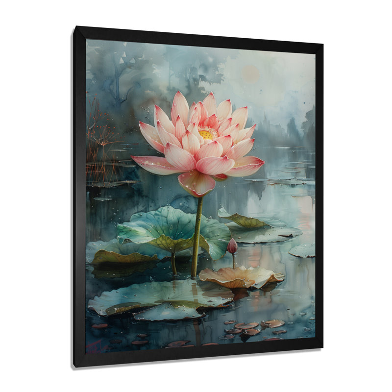 Rose, rose, vert, sacré, fleur, salon, lotus, H 12 po x l 20 po, Cadre simple noir