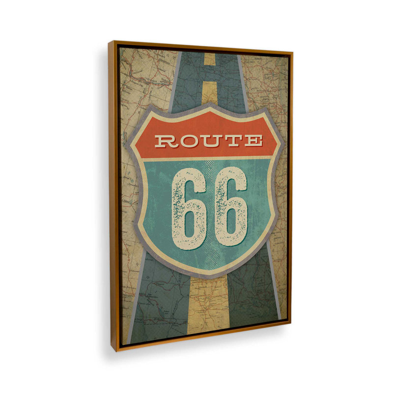 Panneau de signalisation rétro Route 66 Americana, H 30,75 po x l 20,75 po, Impression encadrée sans passe-partout, Or poli