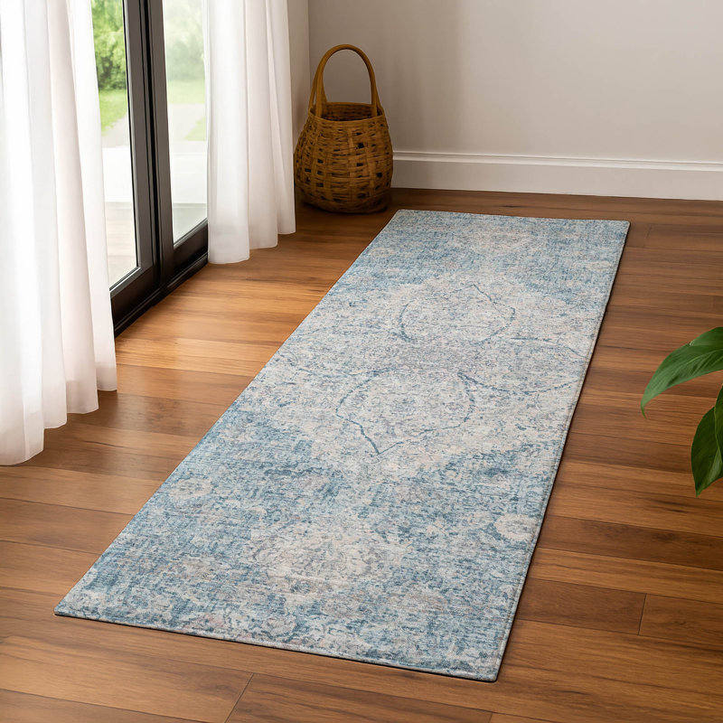 Premium Machine Washable Mayfield AMF2136 global Rug, Denim, 2'3" x 7'6" Runner