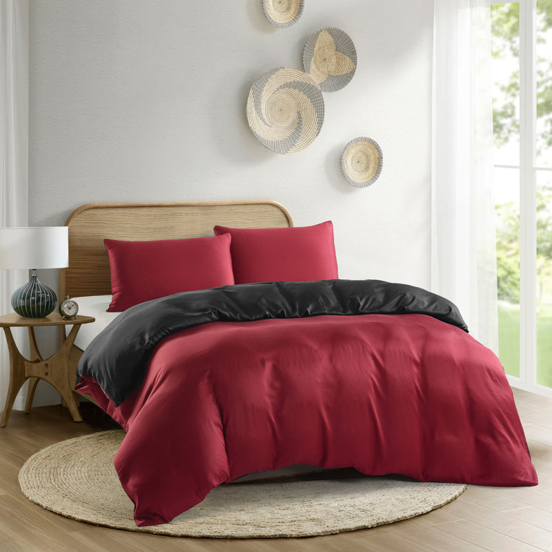 Rayon From Bamboo Flatweave Duvet Cover, Black/Red, Full Duvet Cover + 2 Full Pillowcase