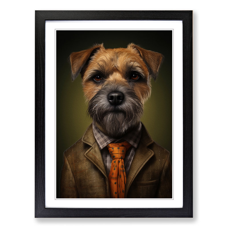 Border Terrier in a Suit Painting - Framed Print, 46cm H x 34cm W x 2cm D, Black Framed