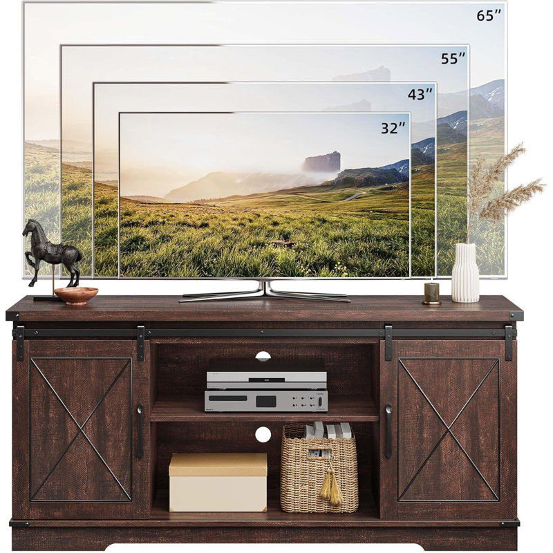 Brown Farmhouse TV Stand with Sliding Barn Doors and Adjustable Shelves