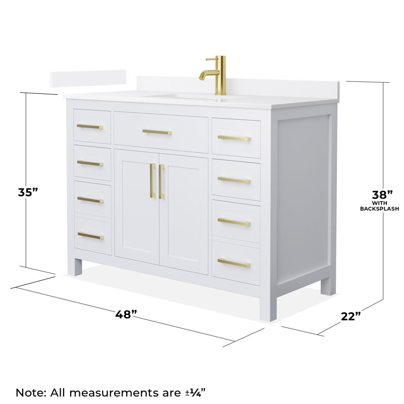 Beckett 48" Freestanding Single Bathroom Vanity with Quartz Top, Brushed Gold, White Quartz, White