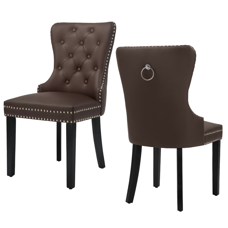 Brown Faux Leather Upholstered Side Chair with Wood Legs, Set of 2