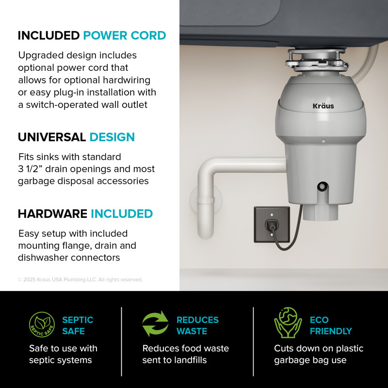 KRAUS Wasteguard Continuous Feed Garbage Disposal With Ultra-Quiet Motor For Kitchen Sink With Power Cord And Flange Included